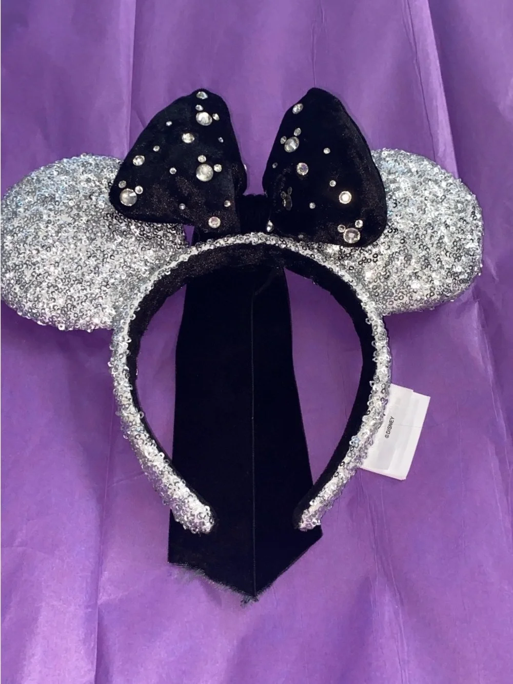 Disney Silver Sequin Minnie Ear Headband with Black Velvet Bow